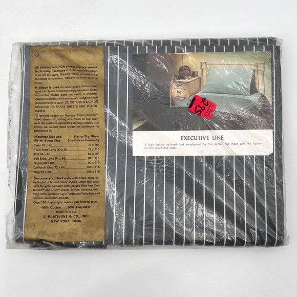 VTG NIP STEVENS UTICA GRAY WHITE STRIPE PERCALE TWIN FLAT SHEET 72X104 NO IRON - Picture 4 of 5